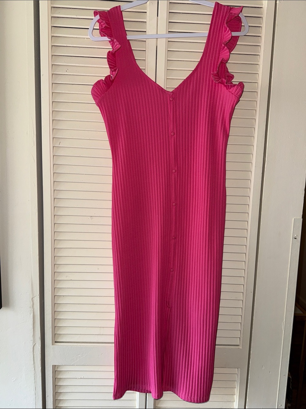 Zara Fuchsia Ribbed Button-Front High-Low Dress with Ruffle Straps